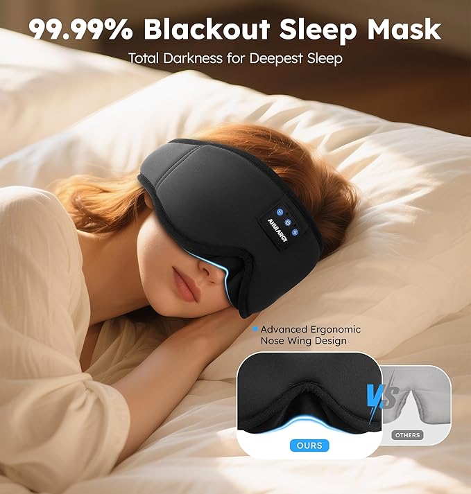 Ice Silk Sleep Mask with Headphones, Sleep Headphones for Side Sleeper with 3D Cups, Bluetooth 5.4 Sleeping Eye Mask, Total Blackout Sleeping Headphones for Women Men(Black) - Bloomnest