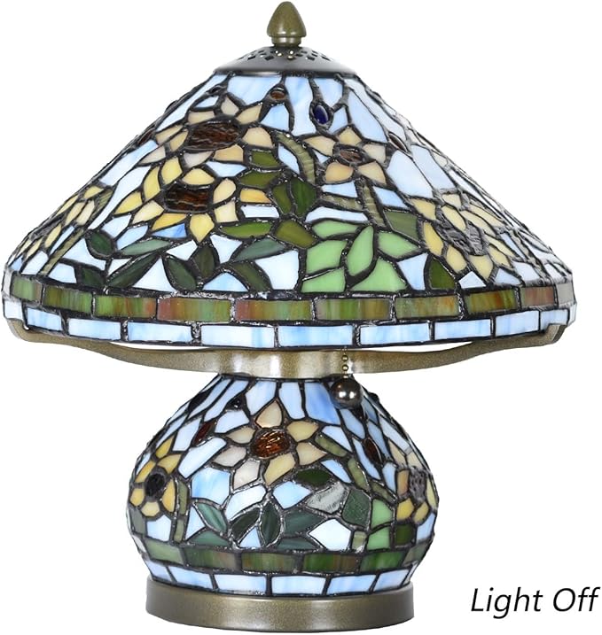 Bieye L10907 Tiffany Style Stained Glass Mushroom-Shaped Double Lit Table Lamp for Home Decor (10-inch, Yellow Sunflower)