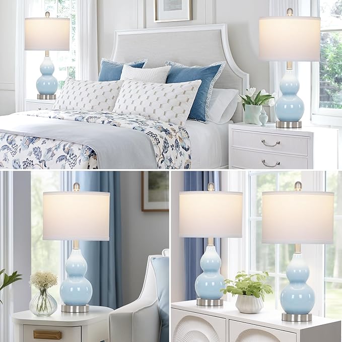 Double Gourd Ceramic Table Lamps Set of 2, Modern Blue Bedside Lamps for Night Stand, Contemporary Nightstand Lamps for Bedroom Living Room (Bulb Included) - Bloomnest