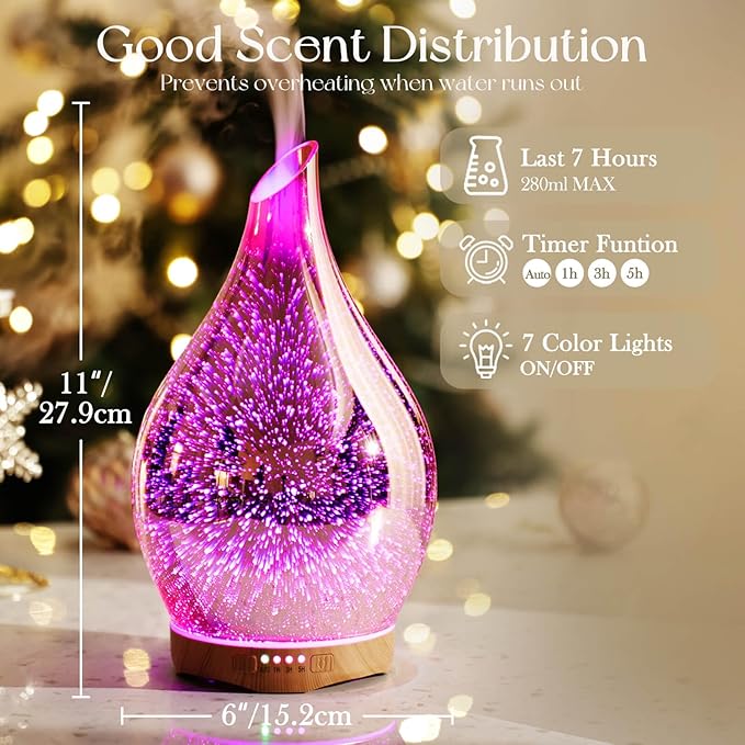 Porseme 280ml Essential Oil Diffuser, 3D Glass Aromatherapy Diffusor, Ultrasonic Cool Mist BPA Free Aroma Humidifier with Timer and Color Changing Function, Waterless Shut-Off for Home Office Room - Bloomnest