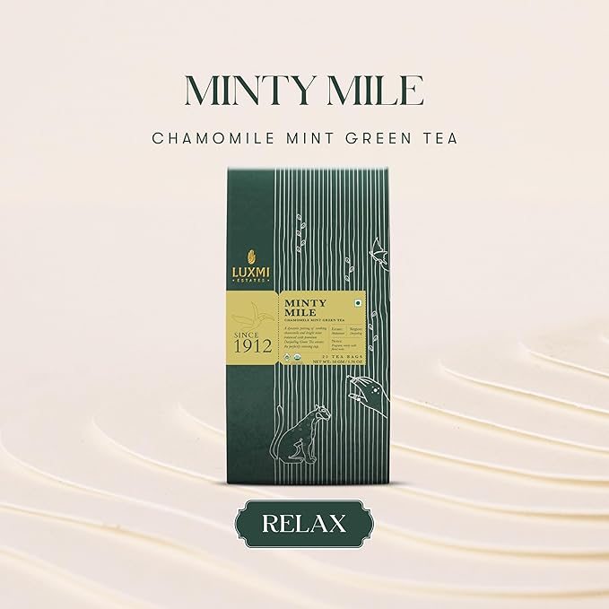 Luxmi Estates Minty Mile Organic Chamomile Mint Green Tea (25 Tea Bags) Low Caffeine Tea Bags For Relaxing, Calming, and Stress Relief, With Certified Organic Darjeeling Makaibari Green Tea - Bloomnest
