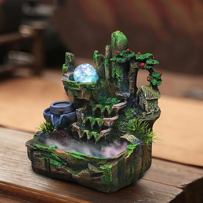 Waterfountain Indoors Tabletop Fountain Indoor Small Rockery Desktop Mountain Waterfall with Fog & LED for Home Office Atomizing Humidifier Small Waterfall Style 2