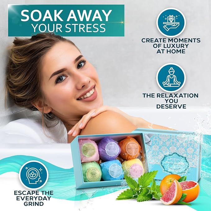 Bath Bombs Gift Set - 6 XXL Bubble Bath Fizzies (4.1 oz Each) with Natural Dead Sea Salt Cocoa and Shea Essential Oils - Best Gift Idea for Birthday, Mom, Woman, Girl, Him, Kids - Bloomnest