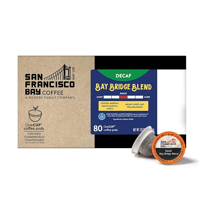 San Francisco Bay Compostable Coffee Pods - DECAF Bay Bridge Blend (80 Ct) K Cup Compatible, Medium Roast, Swiss Water Processed - Bloomnest