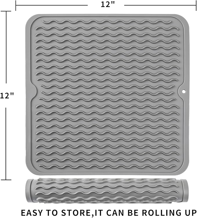 Silicone Dish Drying Mat for Multiple Usage,Easy clean,Eco-friendly,Heat-resistant Silicone Mat for Kitchen Counter or Sink,Refrigerator or Drawer liner Grey M 12 inches x 12 inches - Bloomnest