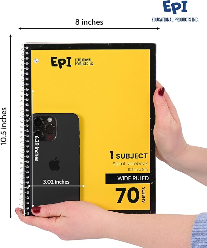 EPI Spiral Notebook | Wide - 70 Sheets, Durable Spiral Binding | 10.5 x 8 in | Classroom Supplies | School, Office, Note Taking, Journaling - 3 Pack - Bloomnest