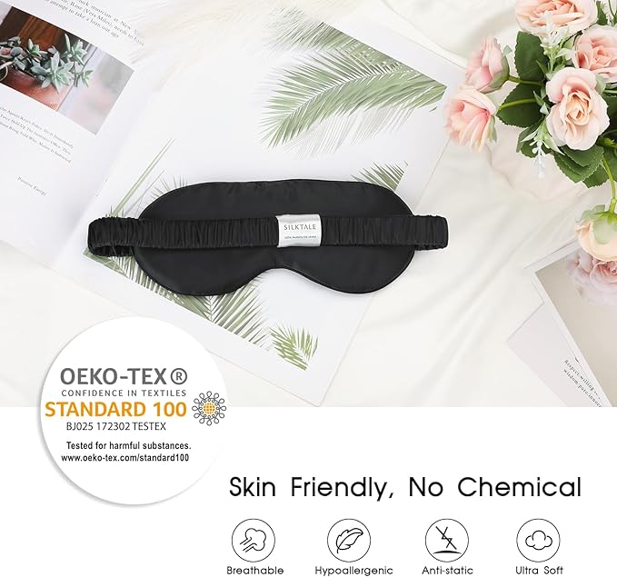 Silk Eye Mask for Sleeping for Women/Men/Adults with Elastic Strap,Blackout Pure Mulberry Silk Sleep Mask for Side Sleeper/Travel/Plane,Black - Bloomnest