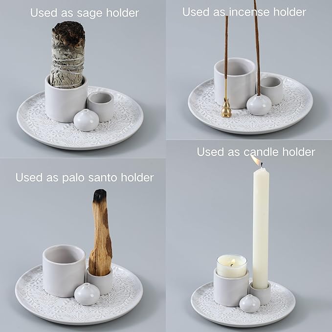 5 in 1 Incense Holder Burner, 5.9" Ceramic Holder for Burning Palo Santo Sage Candle and Incense Sticks Cones, Ash Catcher Tray for Meditation Room Home Décor(White) - Bloomnest