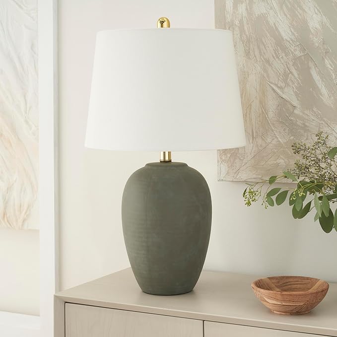 Nourison Home 23" Olive Green Ceramic Pot Table Lamp for Bedroom, Living Room, Dining Office, with White Tapered Drum Shade - Bloomnest
