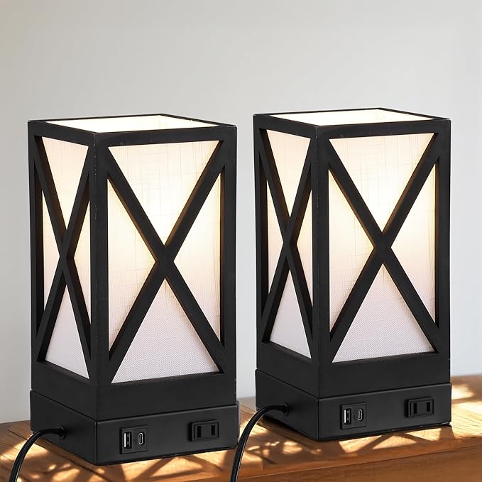 Table Lamp, Set of 2 Rustic Farmhouse Nightstand Lamps, 3 Color Temperatures Desk Lamp with USB Charging Ports AC Outlet Vintage Lamp for Living Room Bed Room, Black - Bloomnest