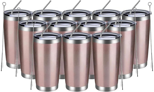 MEWAY 20oz Tumbler 12 Pack Double Wall Vacuum Insulated Travel Mug Bulk, Stainless Steel Tumblers with Lid and Straw, Durable Powder Coated Coffee Cups for Cold & Hot Drinks (Rose Gold, 12) - Bloomnest