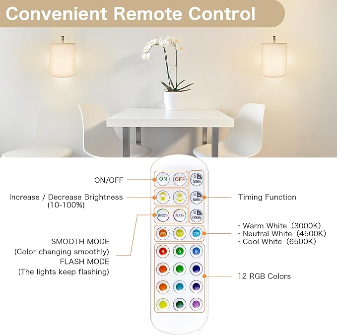 Wireless Wall Sconces Set of 2, Rechargeable Battery Operated Wall Lights with Remote, Dimmable Magnetic LED Bulbs,12 RGB Colors and Timer, Cordless Sconces for Bedroom Living Room (Silver) - Bloomnest