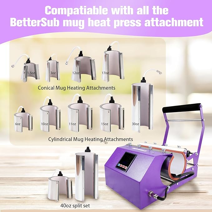 BetterSub 3in1 40 OZ Tumbler Mug Heat Press Machine 30 OZ 20 OZ 16 OZ Sublimation Straight Skinny Tumbler Mug,11 OZ 15 OZ 16 OZ Sublimation Mug Heat Transfer Purple - Bloomnest