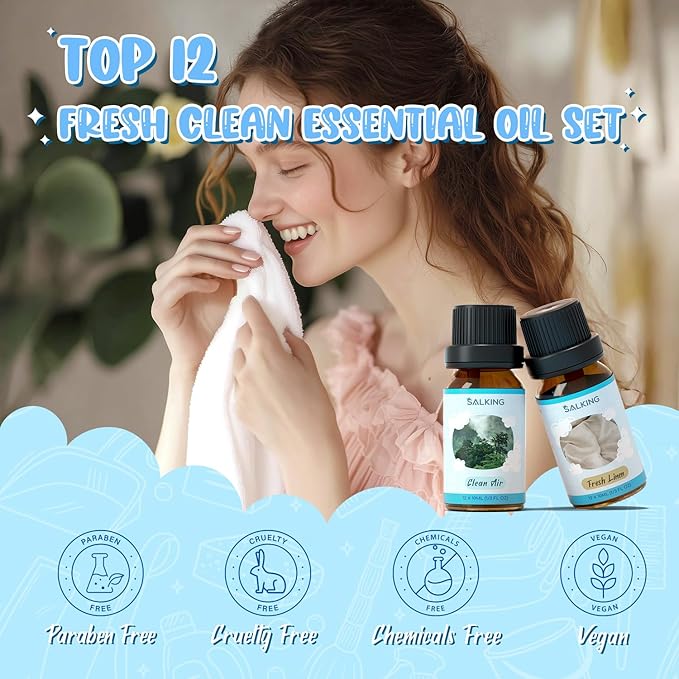 SALKING Clean Fragrance Oils Set, 12 x 10ml Premium Essential Oils Set for Diffuser, Natural Clean Scents Scented Oils, Soap & Candle Making Scents, Aromatherapy Oils Collection - Bloomnest