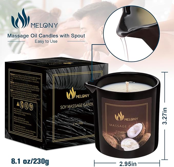 MELONY Massage Oil Candle | Great for Calming, Soothing and to Relax | with Natural Soy Wax | 8.1oz (Coconut Cream) - Bloomnest