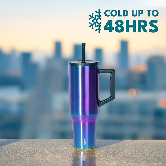 Elemental 40 oz Tumbler with Handle and Straw - Spill Proof Insulated Stainless Steel Commuter for Hot and Cold Beverages - Travel Coffee Mug with 2 Straws & Spill Proof Lid - 40oz - Iridescent - Bloomnest