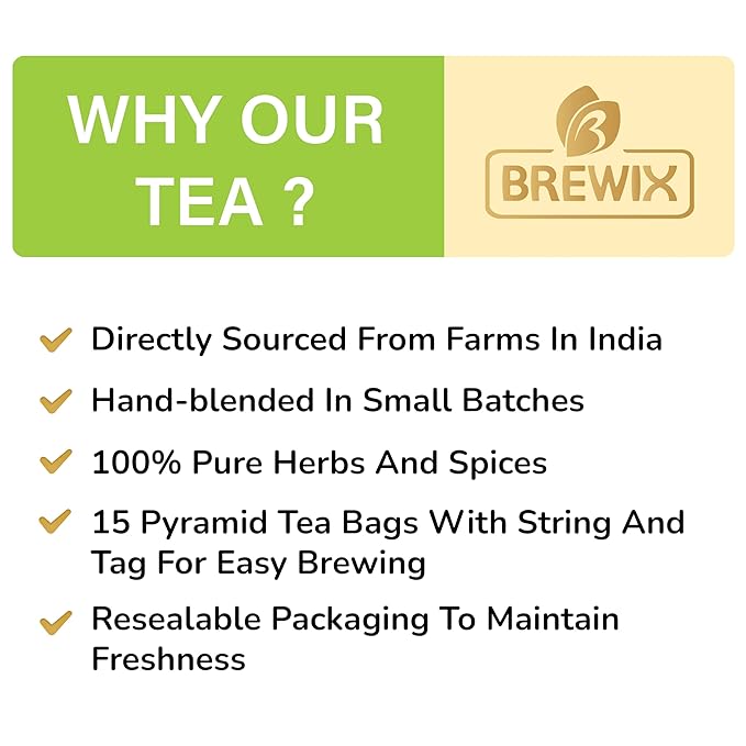 BREWIX Holy Basil Tea Bags (15 Pyramid Tea Bags) | Tee With Tulsi Leaves and Chamomile | Caffeine Free, Calming Herbal Tea With Fresh and Cool Flavor - Bloomnest