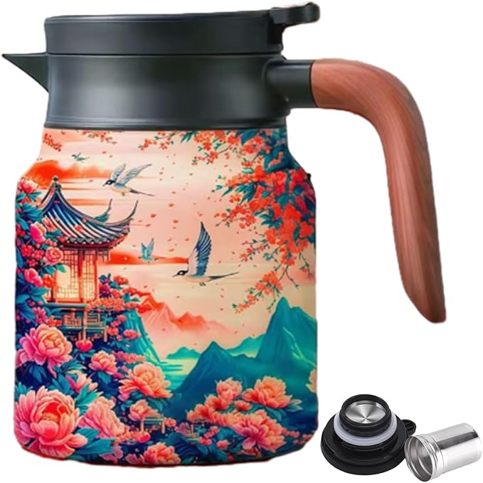 Vintage Floral Teapot with Built In Infuser, 2025 New Stainless Steel Thermal Teapot 1000ml Large Capacity to Meet Daily Needs (Pattern08)