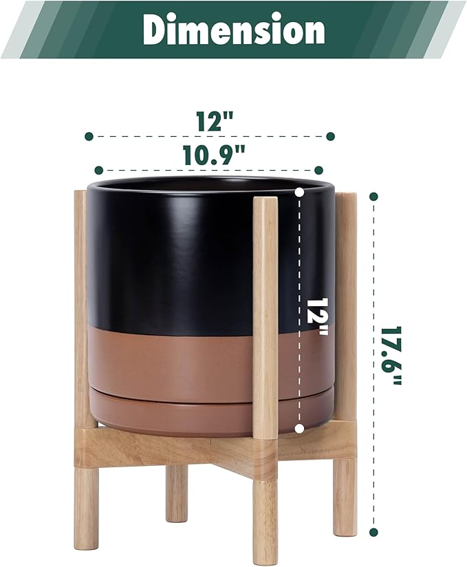D'vine Dev Ceramic Planter with Natural Stand - 12 Inch Modern Round Flower Pot with Wood Planter Holder, Black/Speckled Tan, 55-B-J-7 - Bloomnest