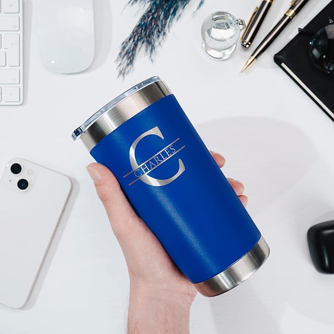 Personalized Tumbler with Engraved Name - 12 Designs, 20 Oz Coffee Tumbler with Slider Lid, Royal Blue, Double Wall Insulated - Custom Gift for Men, Women - Bloomnest