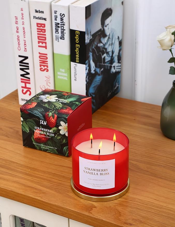 Strawberry Vanilla Aromatherapy Candle - Large 3 Wick Soy Scented Candle 15.8 oz - Relaxing Vanilla Candle for Home & Stress Relief - Long Lasting Natural Candles Gift for Women & Men - Clean Burning - Bloomnest
