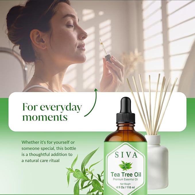 Siva Tea Tree Essential Oil - 4 Fl Oz – 100% Natural Tea Tree Oil - for Diffuser, Face, Skin Care, Aromatherapy, Hair Care, Scalp and Body Massage - with Dropper - Bloomnest