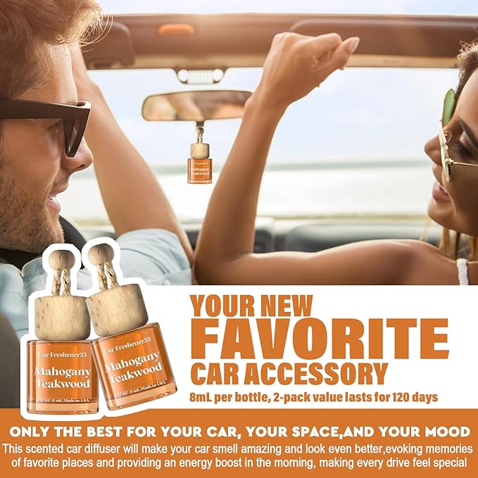 C Classy Car Air Freshener Hanging 2 Pack, Mahogany Teakwood Brown Bottle Essential Oil Diffuser for Cars, Cute Car Accessories, Long-Lasting Fragrance, Fresheners for Women & Men Gift, Made in USA - Bloomnest