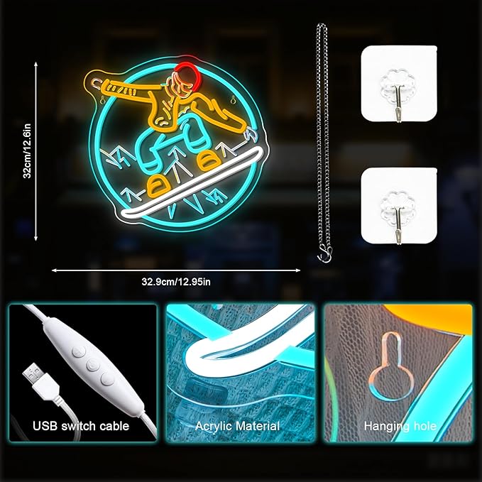 Lucunstar Snowboard Neon Sign LED Light Ski Decor Skiing Neon Light Up College Room Party Apres Ski Decor for Lodge LED Outdoor Sport Gifts for Teens Snowboard Lover - Bloomnest