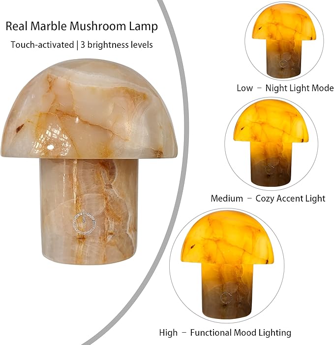Marble Touch Table Lamp 4.3" x 4.7" – Natural Onyx Mushroom LED Night Light, Rechargeable Soft Glow Stone Bedside Lamp for Meditation, Yoga, Bedroom, Entryway Decor - Bloomnest