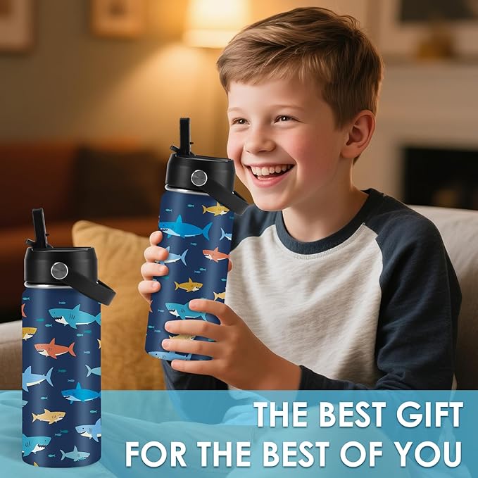 Shark Gifts for Kids 16 oz Kids Water Bottle with Straw Lid, Stainless Steel Insulated Tumbler, Leak Proof, BPA - Free, Cool Shark Pattern Mug for Travel, Daily use(1pc) - Bloomnest