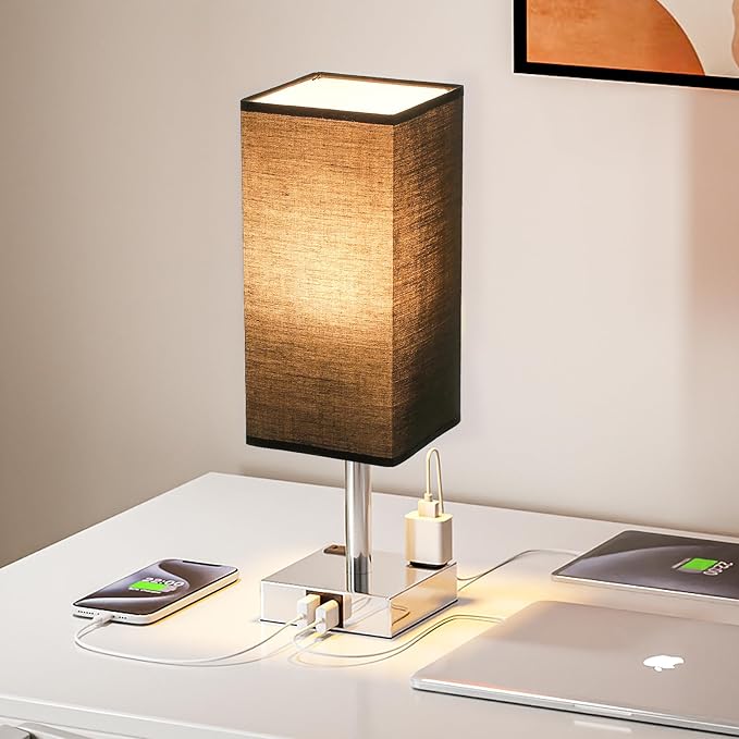 Touch Bedside Table Lamp for Nightstand - 3-Way Dimmable Night Lamp with USB A + Type C Charging Ports and Two AC Outlets, Small Desk Light with E26 LED Bulb for Bedroom Living Room Dorm Office,Black - Bloomnest