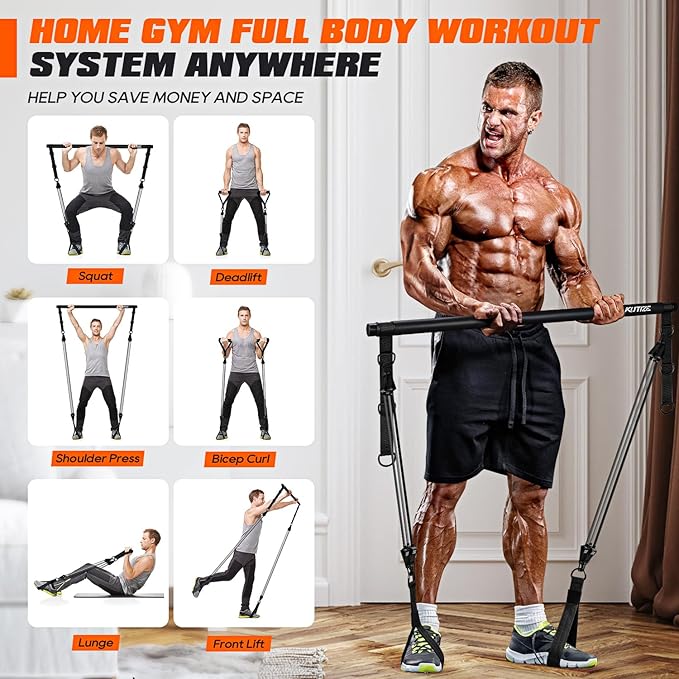 Pilates Bar Kit with Resistance Bands, Heavy Duty Pilates Equipment for Men, Strength Training Bar for Legs, Hip, Back, Arm, Abs, Chest, Shoulders, Portable Home Gym Full Body Workout Equipment - Bloomnest