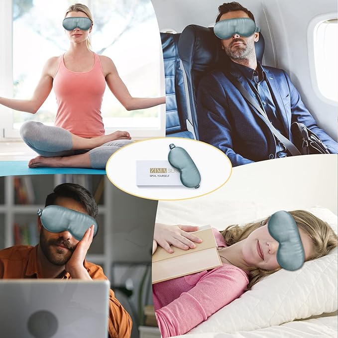 ZIMASILK Adjustable 22 Momme 100% Mulberry Silk Sleep Mask, 3D Contoured Cup Eye Mask for Sleeping, Super Soft Breathable Blindfold, Perfect Blocks Light for Sleeping. (Bluestone) - Bloomnest