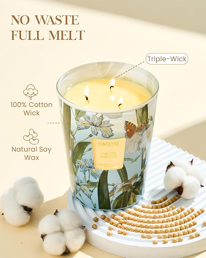 M&SENSE Jasmine Candles Highly Scented 3 Wick 35oz 150 Hours Burn Extra Large Jar Candles for Women, Natural Soy Wax Aromatherapy Candle for Stress Relief, Meditation, Yoga, Spa - Bloomnest