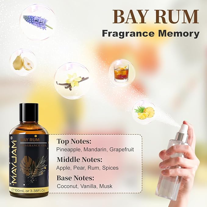 Bay Rum Fragrance Oil Essential Oil, MAYJAM 3.38FL.OZ Bay Rum Oil for Diffusers for Home, Long Lasting Scented Oils for Soap Candle Making - 100ML MAYJAM