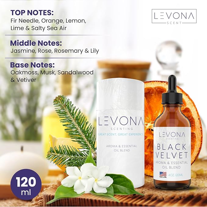 Levona Scents Oil Diffuser Essential Oils: Fragrance Oil for Diffuser - Black Velvette Diffuser Oils Scents - Woody Citrus with Herbal Floral Essential Oil Blends, Oakmoss, White Musk & Sandalwood LEVONASCENT