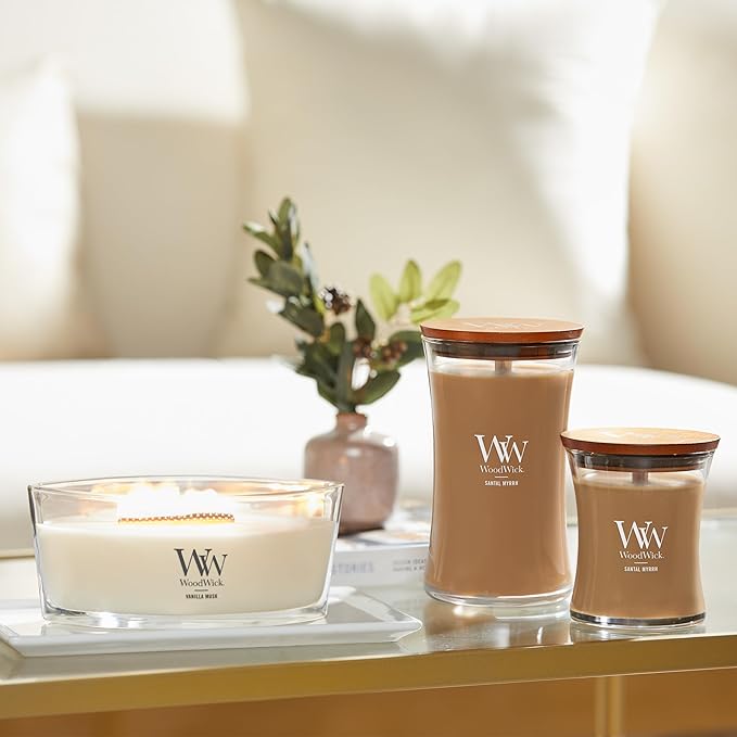 WoodWick Medium Hourglass Candle Santal Myrrh - Premium Soy Blend Wax Pluswick Innovation Wood Wick Made in USA - Bloomnest