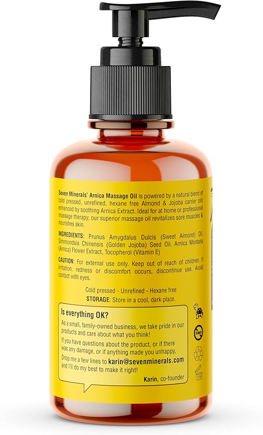 Seven Minerals Arnica Sore Muscle Massage Oil for Massage Therapy - 4 oz - Ideal for Professional or at-Home Body Massage.