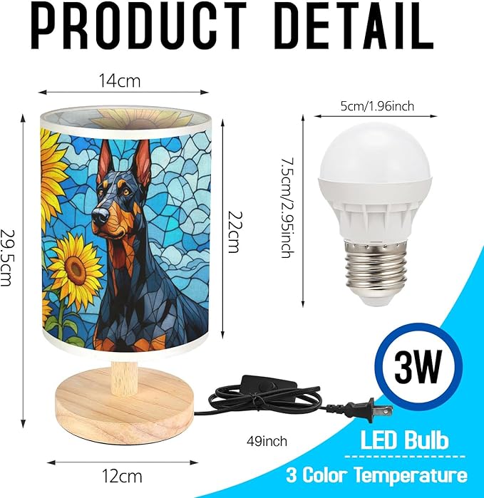 Doberman Table Lamp LED 3-Color Pressed Bedside, Dog Shade Lamp with Wood Base for Bedroom Living Room Desk Office - Bloomnest