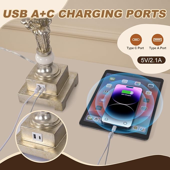 33'' Touch Control Table Lamp Set of 2, 3-Way Dimmable Buffet Lamps with USB A+C Ports and White Shade, Silver Leaf Finish Nightstand Lamps for Living Room Bedroom Office Study Dinning (Bulb Included) - Bloomnest
