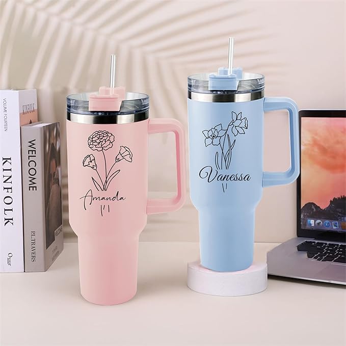 ThermoThrill Ships Next Day, Personalized 40 Oz Tumbler with Handle and Straw Custom Tumbler with Text Stainless Steel Mug Birthday Gifts for Women - Bloomnest
