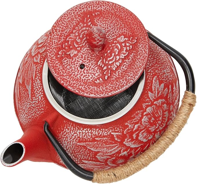 Juvale Japanese Cast Iron Teapot with Infuser - Red, 27 oz (800 ml), 3-Pc Teapot Set - Stovetop Kettle for Loose Leaf Brewing - Removable Stainless Steel Infuser & Trivet Included - Bloomnest