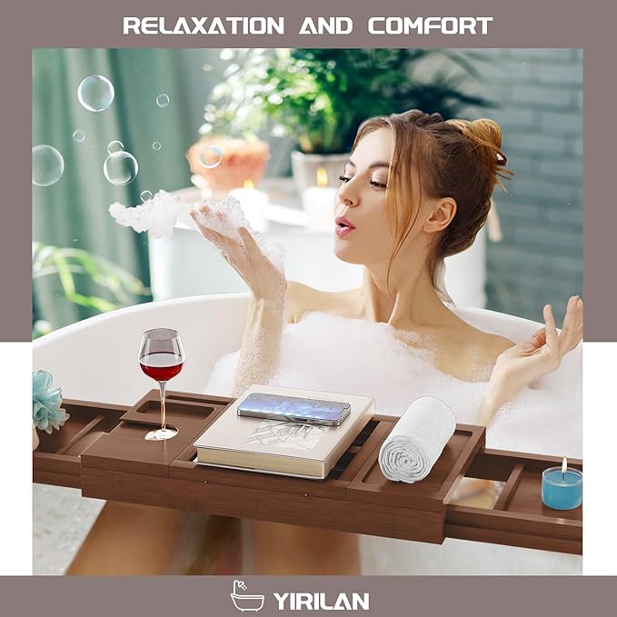 Yirilan Bamboo Bathtub Tray, Expandable Bathroom Tray,Browm - Bloomnest