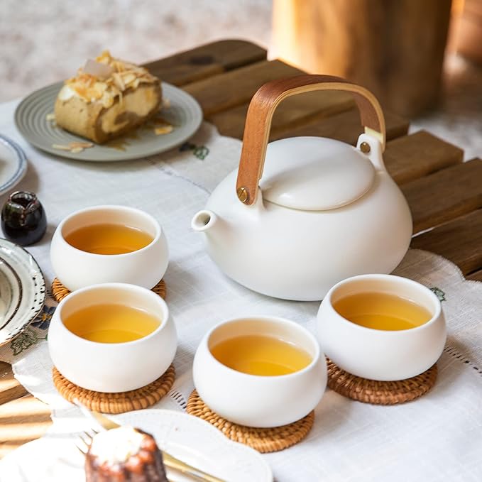 ZENS Modern Japanese Tea Set, 27 oz Ceramic Japanese Teapot with Fine Stainers and 4 Cups for Loose Leaf Tea Steeper, Wood Handle Matte Japanese Teapots Hot Tea Brewer for Tea Party Women Gifts - Bloomnest