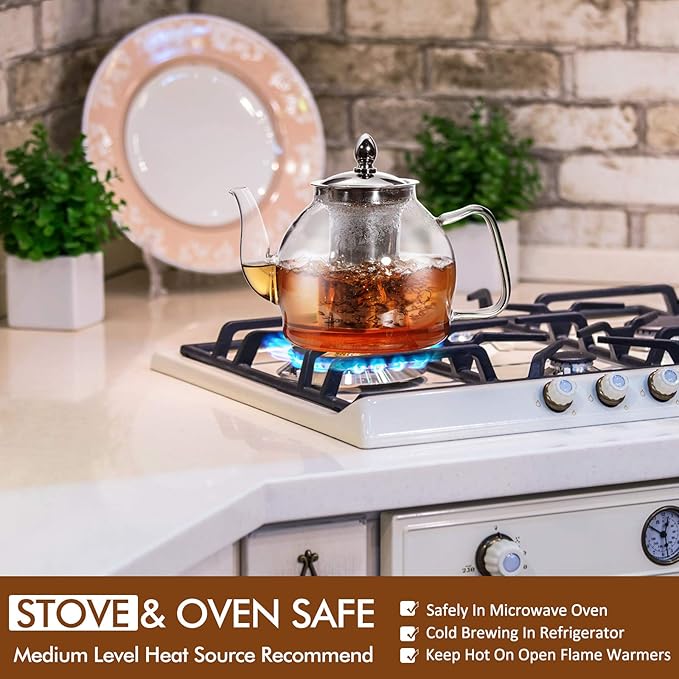 HIWARE 1000ml Glass Teapot with Removable Infuser, Stovetop Safe Tea Kettle, Blooming and Loose Leaf Tea Maker Set - Bloomnest