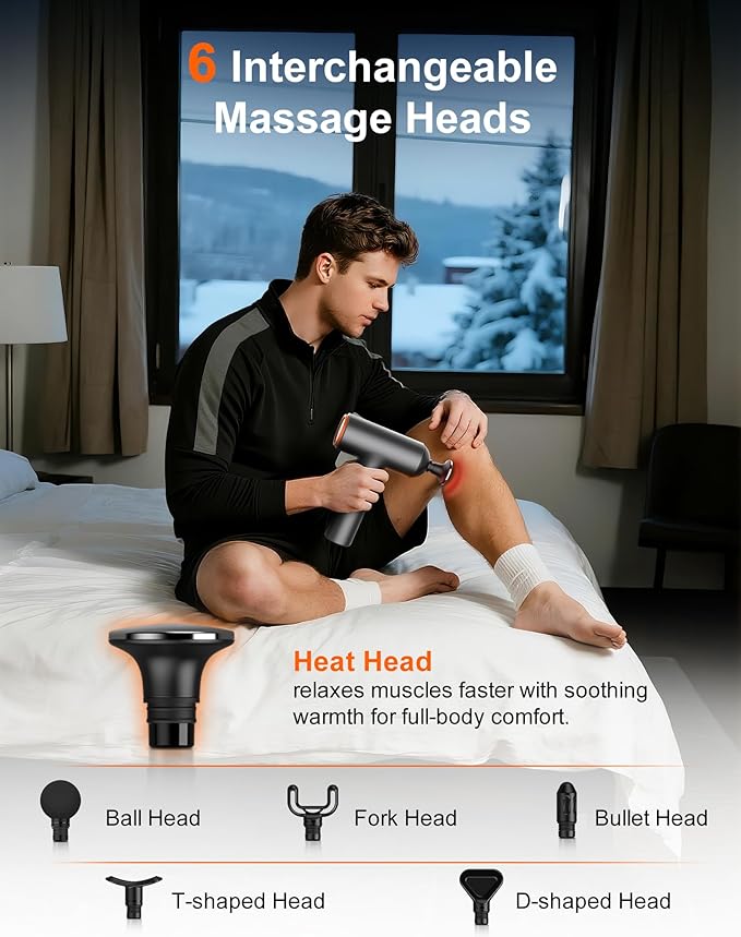 arboleaf Thermal Massage Gun Deep Tissue with Heat, Handheld Muscle Percussion Massager with Full-Metal Head, 6 Replacements for Athletes Pain Relief, Relax, Gifts for Men and Women - Bloomnest