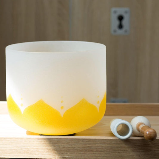 Leize Quartz Crystal Singing Bowl 432hz E Note Solar Plexus Chakra Yellow Lotus Design 10" Wide with Suede Striker