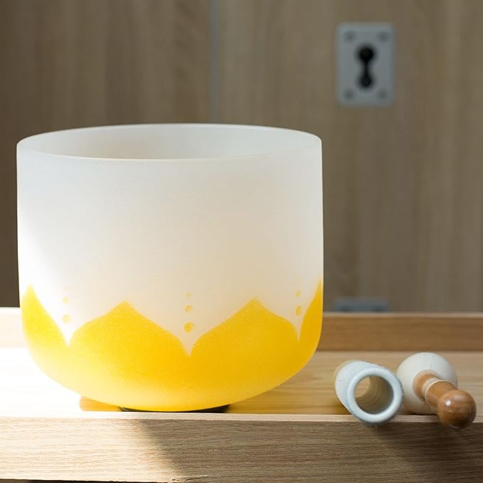 Leize Quartz Crystal Singing Bowl 432hz E Note Solar Plexus Chakra Yellow Lotus Design 10" Wide with Suede Striker - Bloomnest