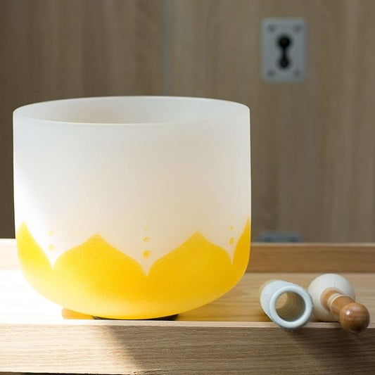 Leize Quartz Crystal Singing Bowl 432hz E Note Solar Plexus Chakra Yellow Lotus Design 10" Wide with Suede Striker - Bloomnest