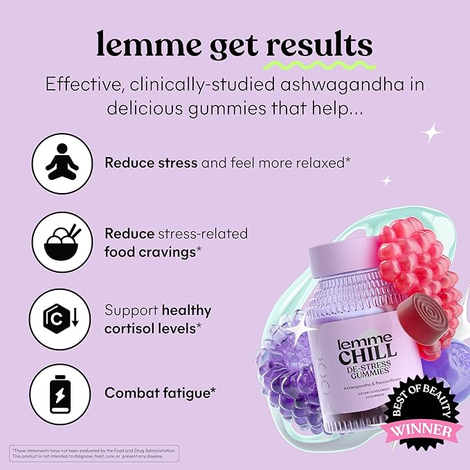 Lemme Chill Stress Relief Gummies with 300mg KSM-66 Ashwagandha, Lemon Balm, Passionflower & Goji to Support Relaxation, Healthy Cortisol & Sleep - Gluten-Free, Non-GMO, Mixed Berry (60 Count) - Bloomnest
